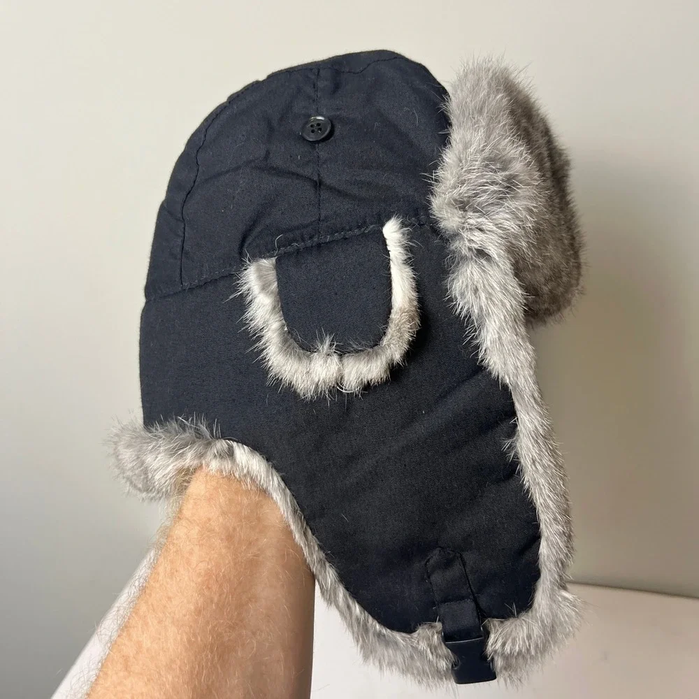 DPC Trapper Hat Mens‎ M Black Genuine Rabbit Fur Trim Aviator Winter Ushanka Cap